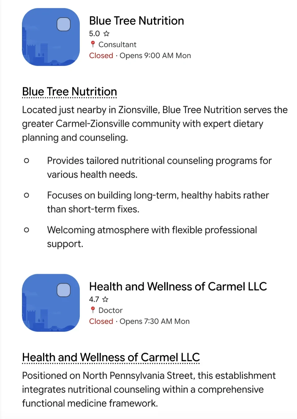 Gemini's answer: a card for Blue Tree Nutrition, 5.0 stars, shown first. Located just nearby in Zionsville, Blue Tree Nutrition serves the greater Carmel-Zionsville community with expert dietary planning and counseling. A second card for another practice follows.