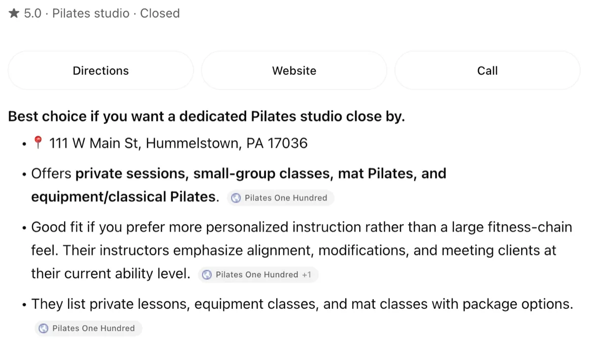 ChatGPT's text: Best choice if you want a dedicated Pilates studio close by. 111 W Main St, Hummelstown. Offers private sessions, small-group classes, mat Pilates and classical equipment. Each line carries a Pilates One Hundred source tag.